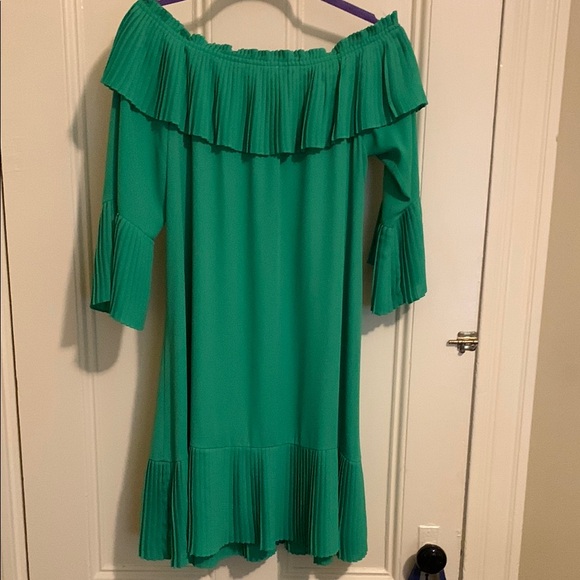 Joseph Ribkoff Green Ruffled Off-Shoulder dress - Picture 3 of 3